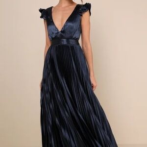 Lulus Exceptional Drama Navy Blue Satin Lace-up Pleated Maxi Dress - Size L